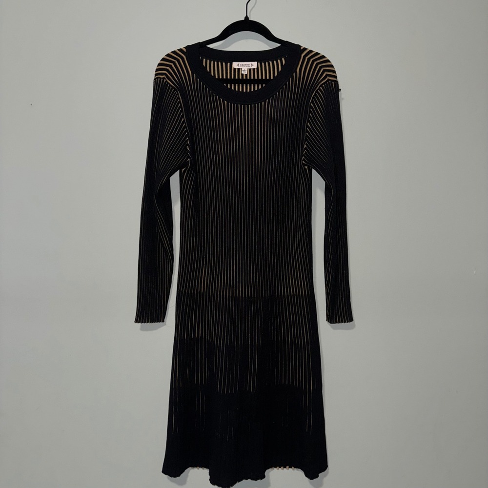 Nanette Lepore Womens Large Black Tan Striped Ribbed Knit Long Sleeve Midi Dress